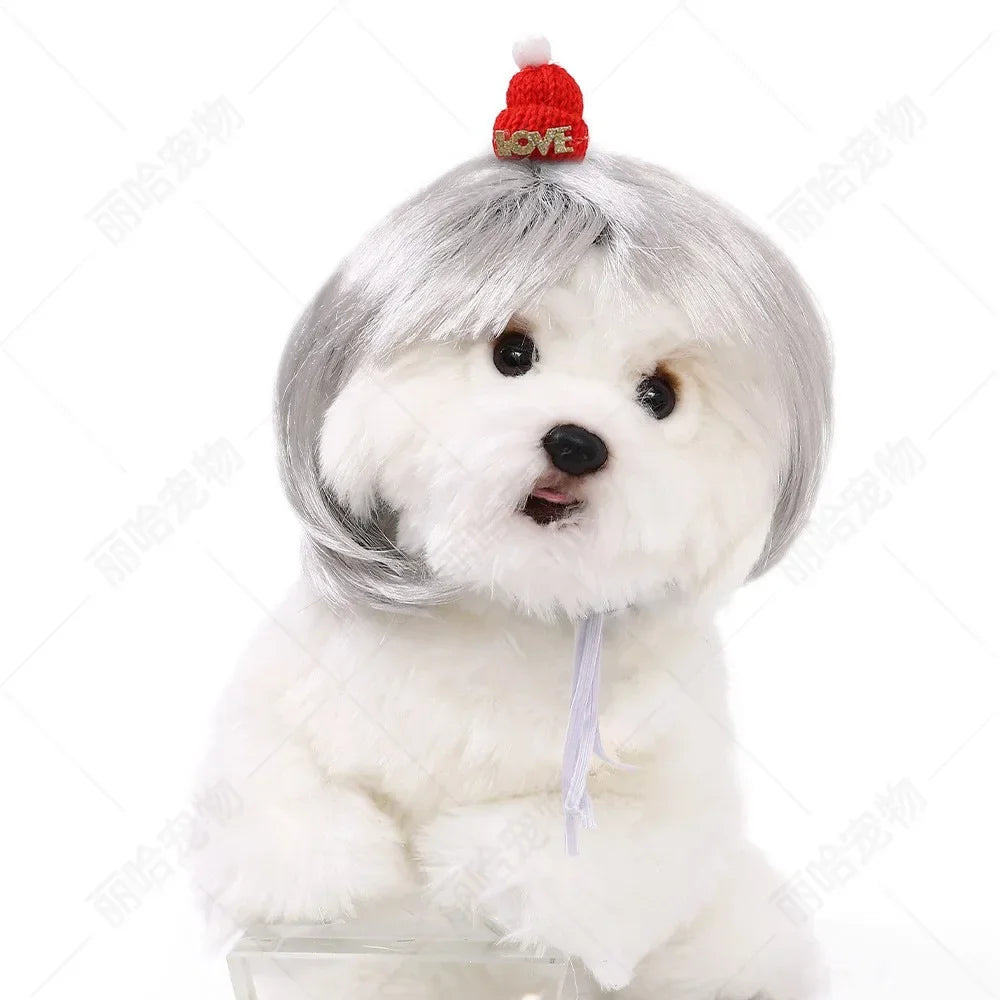 Creative Funny Pet Wig Bob Head with Neat Bangs Cosplay Costume Props Cute Dress Up Headwear for Small Dog Cat Party Use Festive Paws