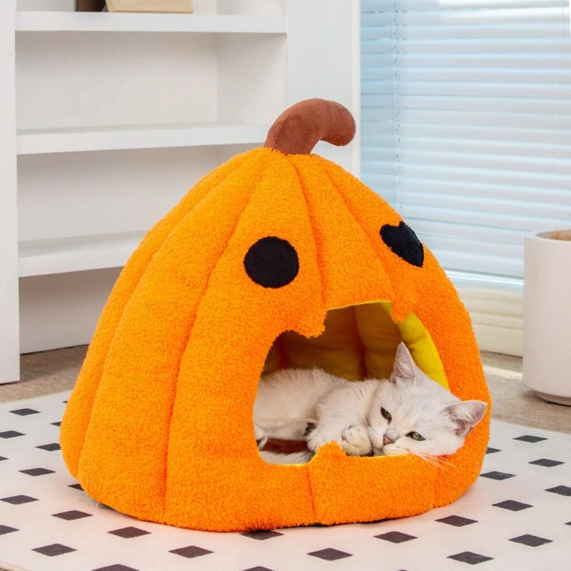 Halloween Pumpkin Cat Nest Half Surrounding Design for Security Detached Cushion Easy Cleaning Ample Space Festive Atmosphere Festive Paws