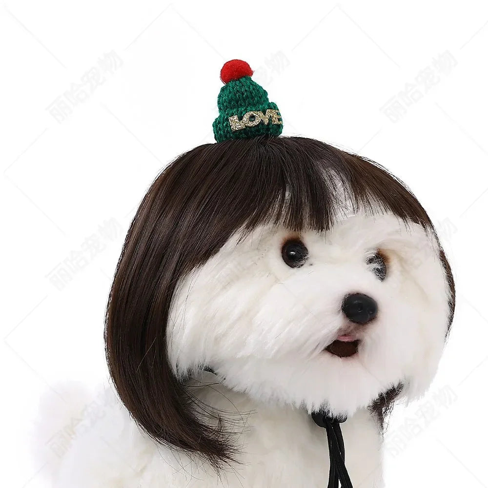 Creative Funny Pet Wig Bob Head with Neat Bangs Cosplay Costume Props Cute Dress Up Headwear for Small Dog Cat Party Use Festive Paws