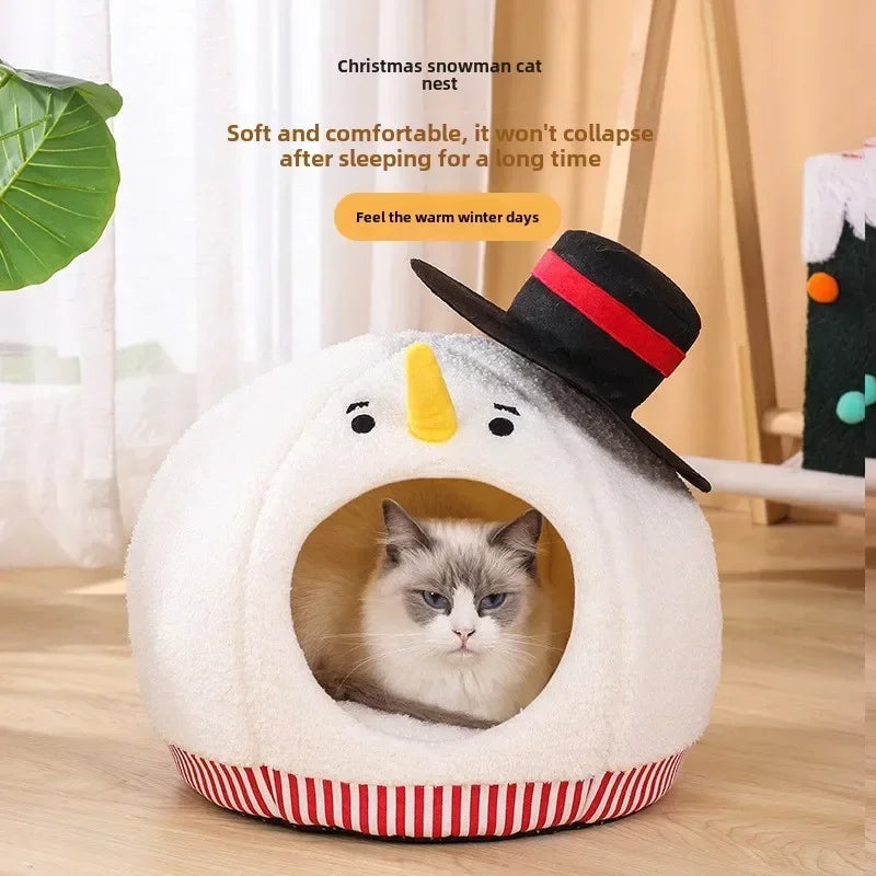 Cat Nest Universal In Autumn And Winter Semi-closed Cat House Cute Christmas Snowman Cat Nest Winter Warm Pet Supplies Festive Paws