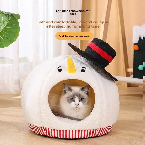 Cat Nest Universal In Autumn And Winter Semi-closed Cat House Cute Christmas Snowman Cat Nest Winter Warm Pet Supplies Festive Paws