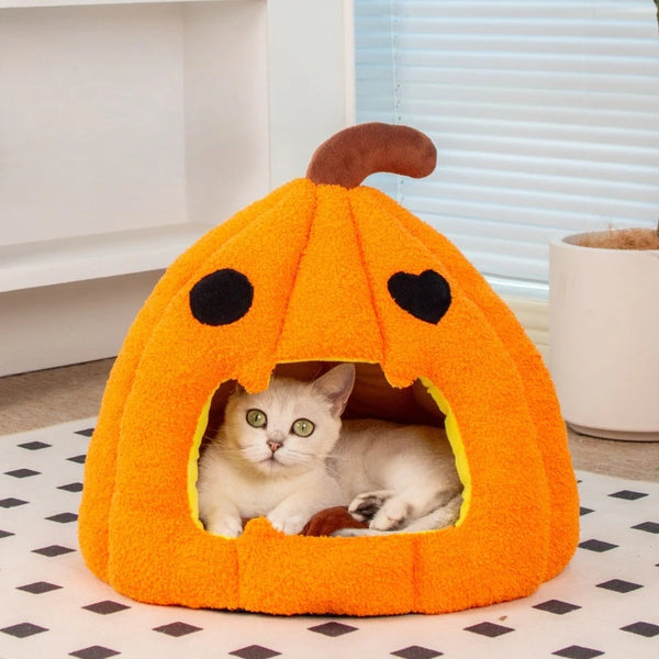 Halloween Pumpkin Cat Nest Half Surrounding Design for Security Detached Cushion Easy Cleaning Ample Space Festive Atmosphere Festive Paws