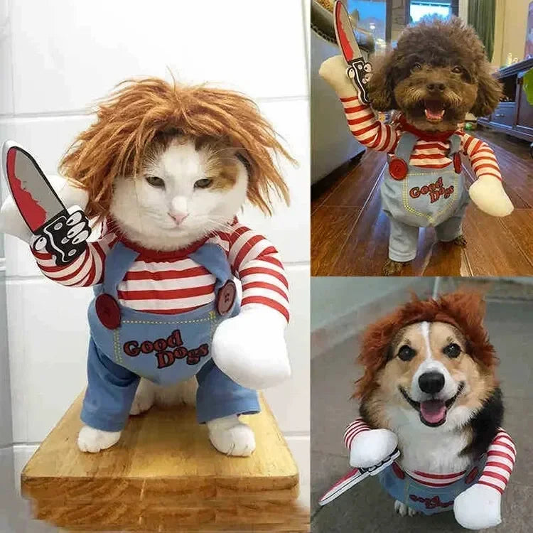 Halloween Pet Dog Clothes Transformed Pet Apparel and Wig for Holiday Party Pet Supplies Funny Bloody Doll With Knife Dog Costum Festive Paws