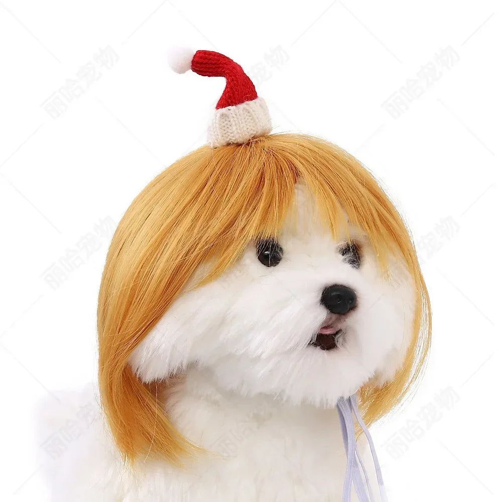 Creative Funny Pet Wig Bob Head with Neat Bangs Cosplay Costume Props Cute Dress Up Headwear for Small Dog Cat Party Use Festive Paws