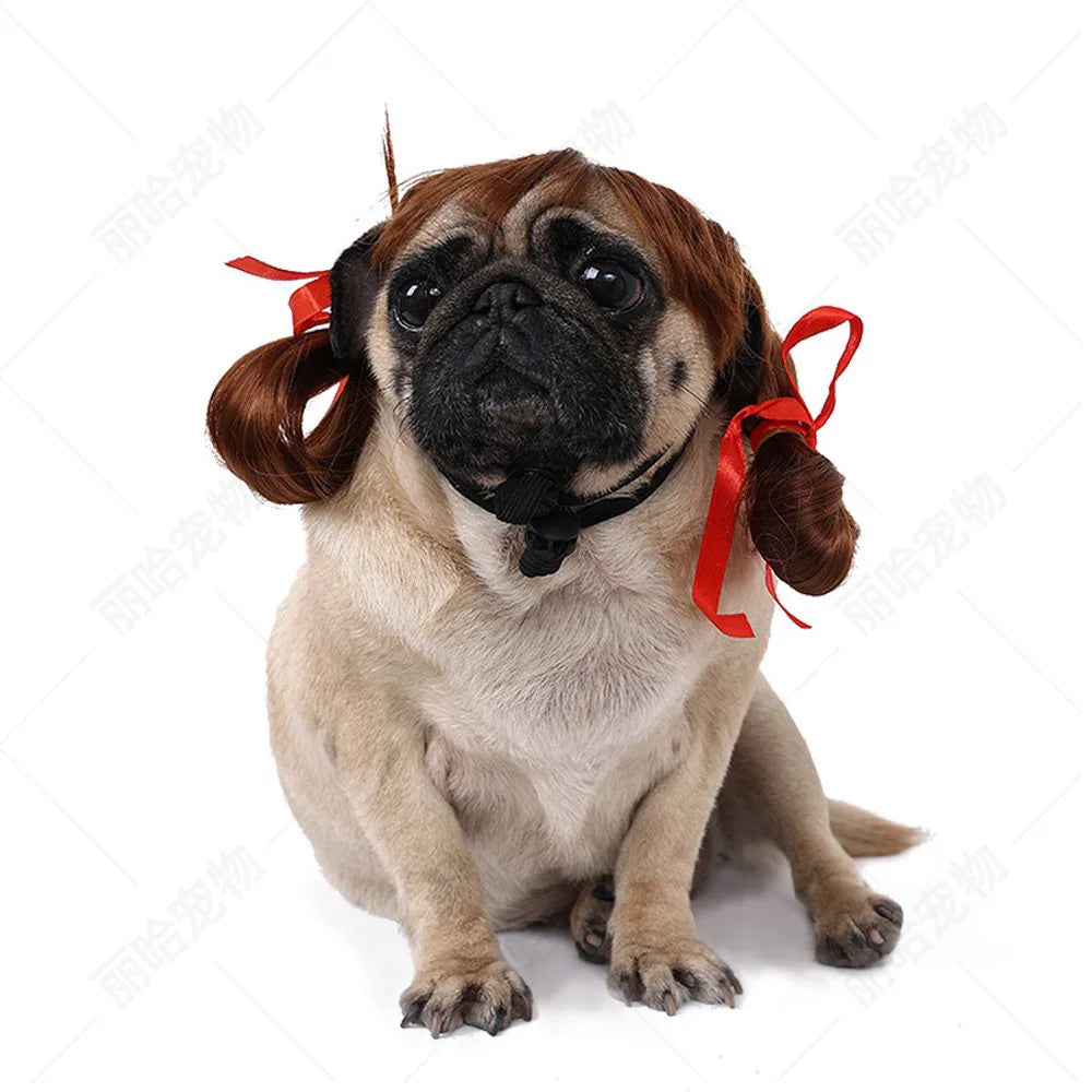 Creative Funny Pet Wig Bob Head with Neat Bangs Cosplay Costume Props Cute Dress Up Headwear for Small Dog Cat Party Use Festive Paws