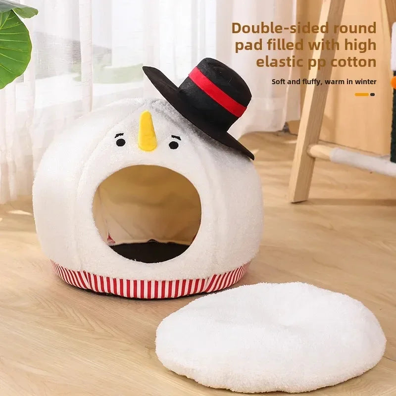 Cat Nest Universal In Autumn And Winter Semi-closed Cat House Cute Christmas Snowman Cat Nest Winter Warm Pet Supplies Festive Paws