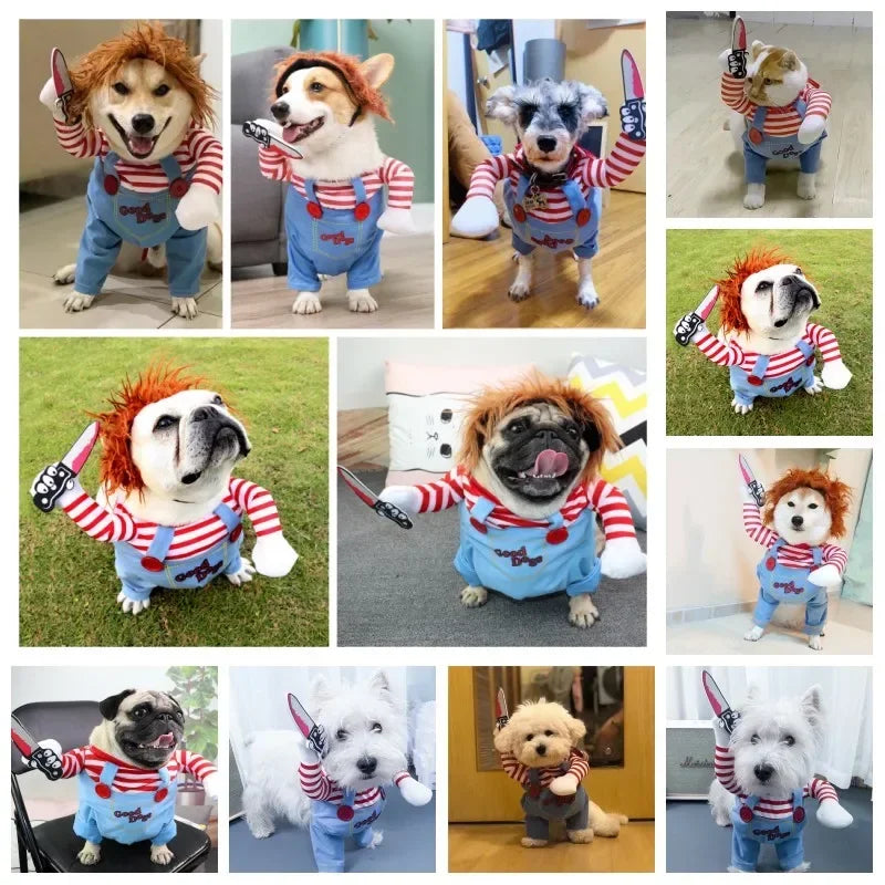 Halloween Pet Dog Clothes Transformed Pet Apparel and Wig for Holiday Party Pet Supplies Funny Bloody Doll With Knife Dog Costum Festive Paws