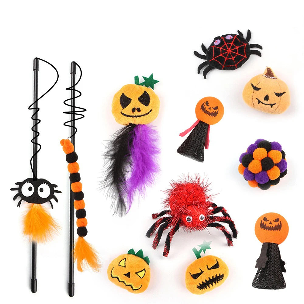 20 Styles Assorted Halloween Cat Toy Accessories Set Multiple Plush Interactive Cat Wand Spider Feather Pet Toys Festive Paws