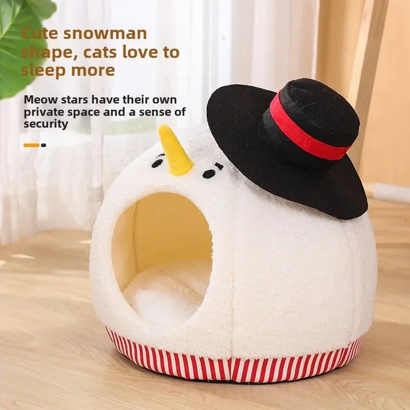 Cat Nest Universal In Autumn And Winter Semi-closed Cat House Cute Christmas Snowman Cat Nest Winter Warm Pet Supplies Festive Paws