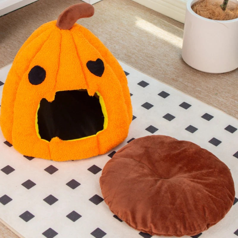 Halloween Pumpkin Cat Nest Half Surrounding Design for Security Detached Cushion Easy Cleaning Ample Space Festive Atmosphere Festive Paws