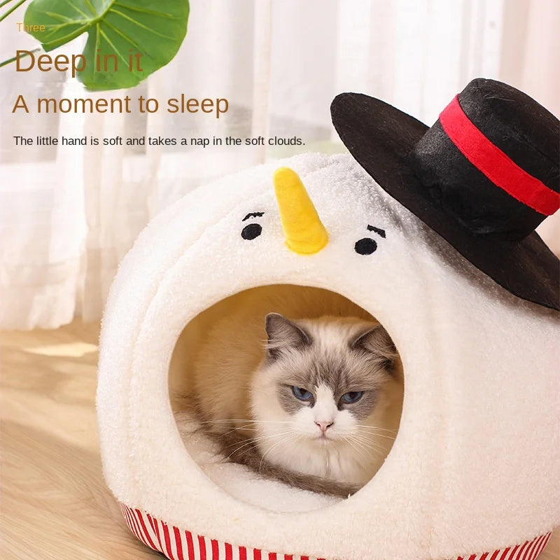 Cat Nest Universal In Autumn And Winter Semi-closed Cat House Cute Christmas Snowman Cat Nest Winter Warm Pet Supplies Festive Paws