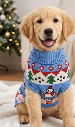 Pet Sweater - Blue Snowman trees Festive Paws