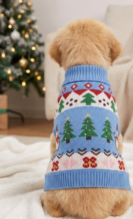 Pet Sweater - Blue Snowman trees Festive Paws