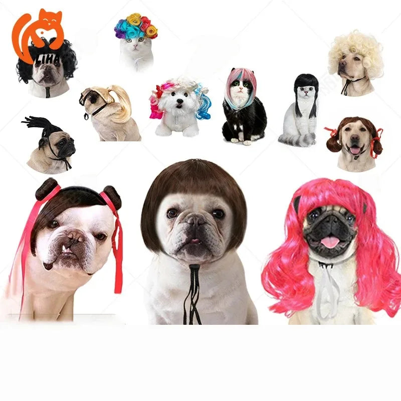 Creative Funny Pet Wig Bob Head with Neat Bangs Cosplay Costume Props Cute Dress Up Headwear for Small Dog Cat Party Use Festive Paws