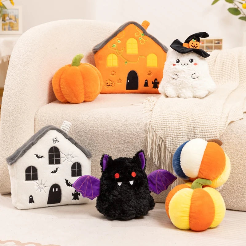 Fun Cute Halloween Orange Pumpkin Plush Toy Pillow Bat Ghost House Vampire Plush Toy Home Decoration Gift For Children Festive Paws
