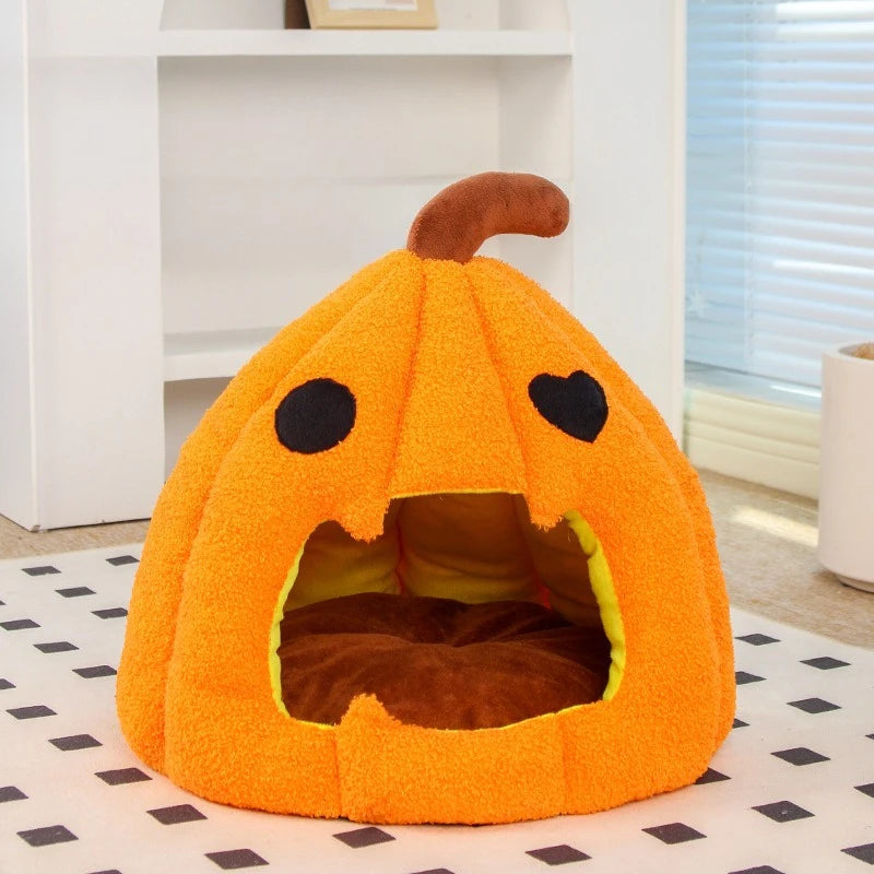 Halloween Pumpkin Cat Nest Half Surrounding Design for Security Detached Cushion Easy Cleaning Ample Space Festive Atmosphere Festive Paws